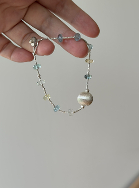 超美夏日限定天然海蓝宝S925纯银圆球手链泰银小众清新精致银链