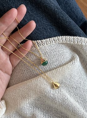 S925银法式复古水滴小众设计白水晶绿玛瑙项链毛衣链精致过年项链