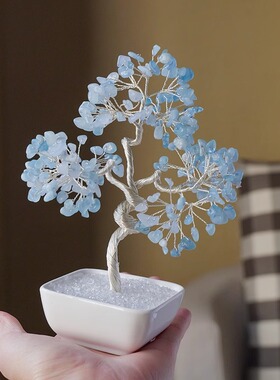 天然海蓝宝水晶发财树摆件