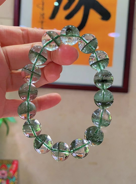 正品天然绿幽灵千层一线天手链大颗粒男女款单圈水晶圆珠手串珠链