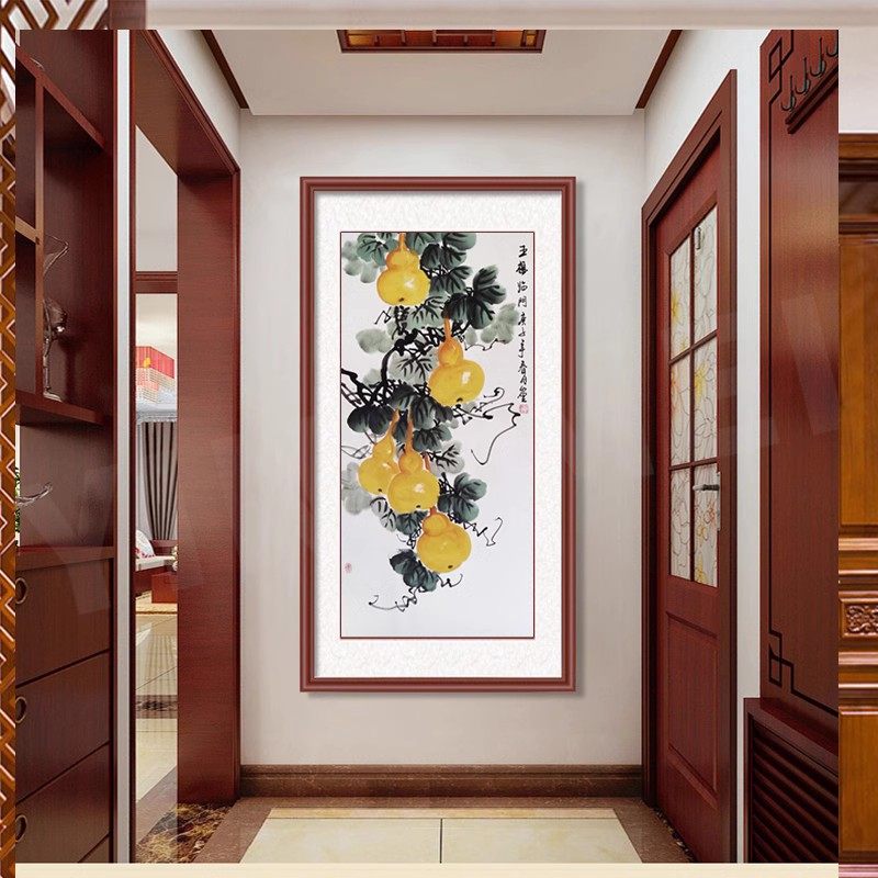 五福临门国画纯手绘中式玄关过道装饰挂画客厅餐厅竖版福禄画葫芦,淘宝优惠券,粉丝福利购,淘宝优惠卷
