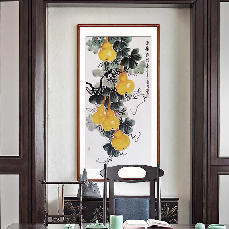 五福临门国画纯手绘中式玄关过道装饰挂画客厅餐厅竖版福禄画葫芦,淘宝优惠券,粉丝福利购,淘宝优惠卷