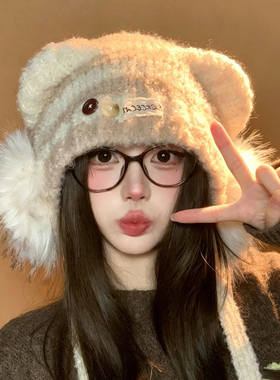 秋冬毛绒猫耳罩护耳针织帽女