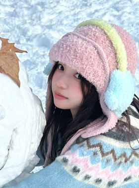 韩版ins百搭秋冬季女毛绒护耳帽