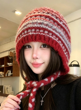 美拉德针织条纹护耳保暖毛线帽女