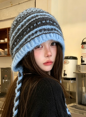 秋冬保暖复古条纹护耳针织帽女