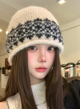 秋冬费尔岛提花女保暖护耳针织帽