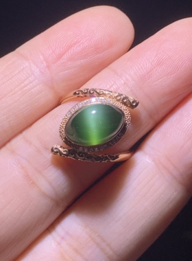 精品和田玉碧玉菠菜猫眼戒指碧玉马眼戒指一线活猫眼戒指18k金