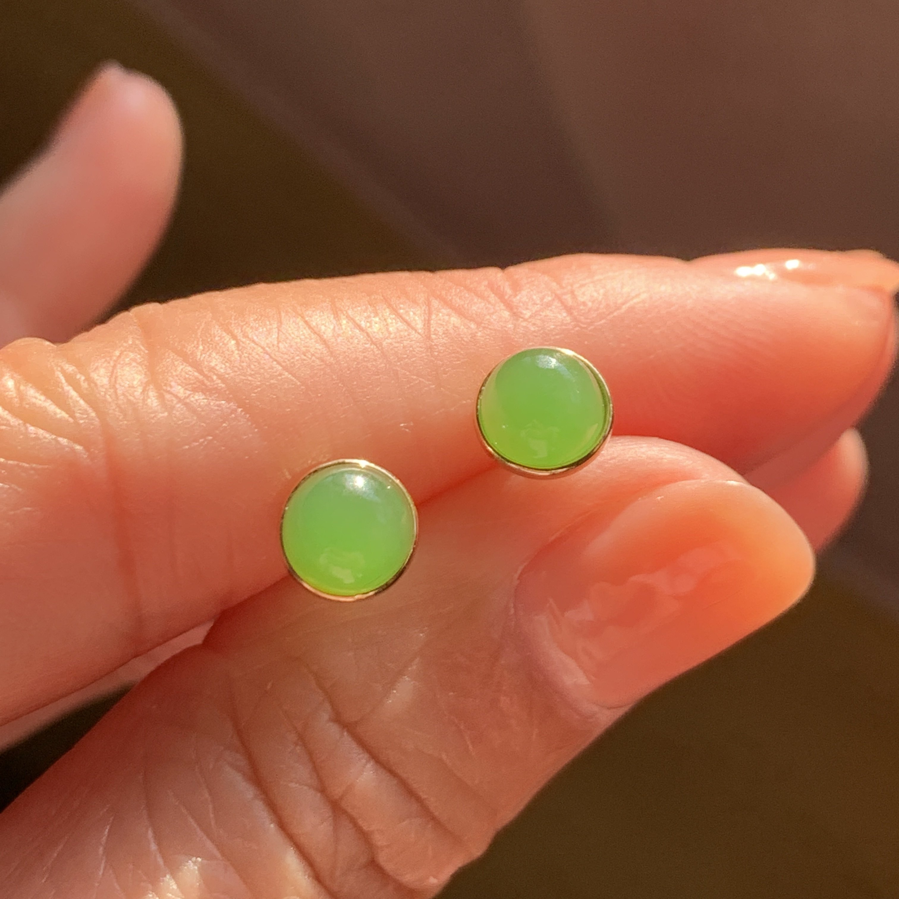 和田玉碧玉苹果绿耳钉乌兰乌德苹果绿圆面耳钉耳饰耳环18k金6mm,淘宝优惠券,粉丝福利购,淘宝优惠卷