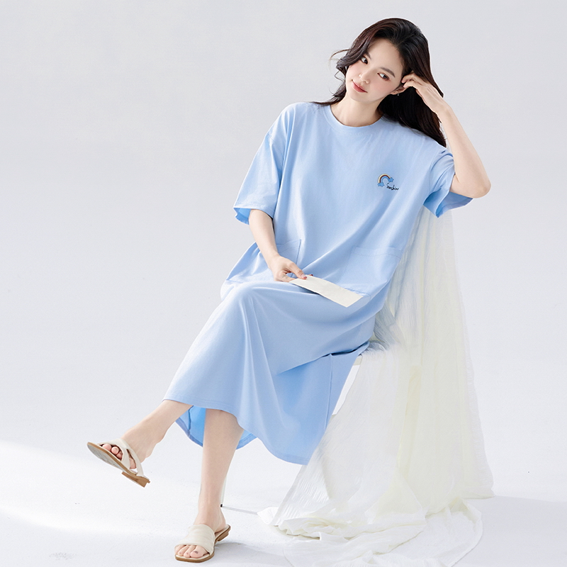 富芬腾睡裙女夏季2025新款A类纯棉套头短袖连衣裙简约外穿家居服