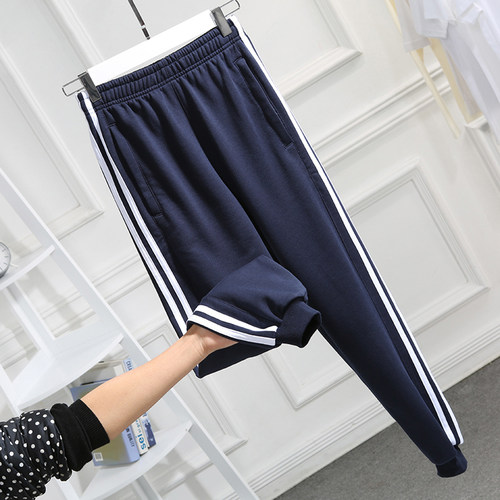 男女宽松束脚运动裤显瘦白边校服裤子中学生两道杠深蓝色收口校裤 - 图2