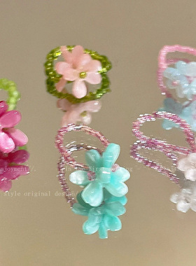 超仙法式紫罗兰花朵戒指女小众设计海边度假风叠戴弹力绳指环手饰