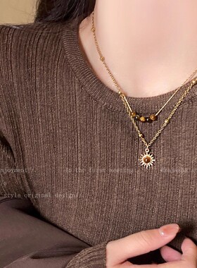 秋冬款美拉德虎眼石太阳花项链女港风复古百搭气质双层叠加锁骨