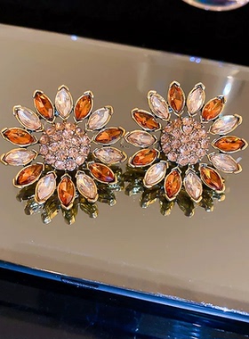 中古vintage耳环银针镶钻花朵金属耳钉复古高级感耳饰工厂家