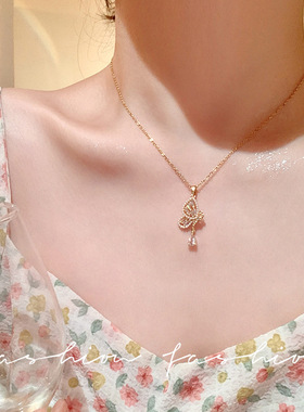 粉色钛钢项链女设计感轻奢小众2026蝴蝶网红配饰颈链气质饰品