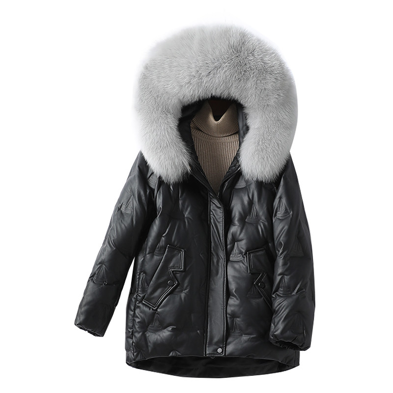 海宁真皮衣女常规连帽黑色韩版宽松狐狸毛领新款白鸭绒绵羊皮外套,淘宝优惠券,粉丝福利购,淘宝优惠卷