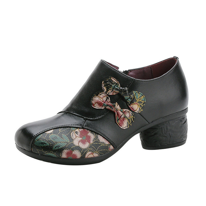 春秋复古民族风粗跟 单鞋 女深口防滑广场舞鞋粗跟女式休闲软皮鞋,淘宝优惠券,粉丝福利购,淘宝优惠卷