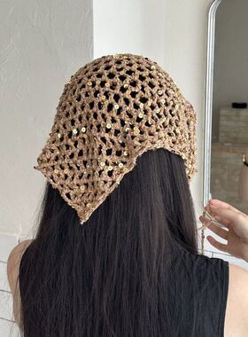 手工编织镂空亮片三角巾女夏法式复古包头帽透气可调节发带头饰