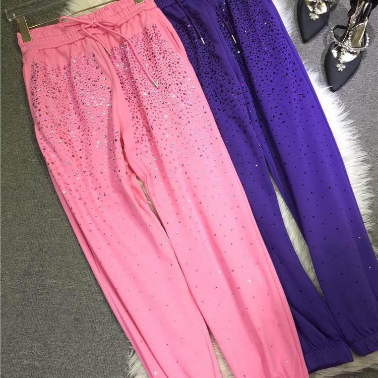 欧货重工烫钻卫裤女高腰显瘦松紧腰大码运动裤子休闲束脚九分裤春,淘宝优惠券,粉丝福利购,淘宝优惠卷