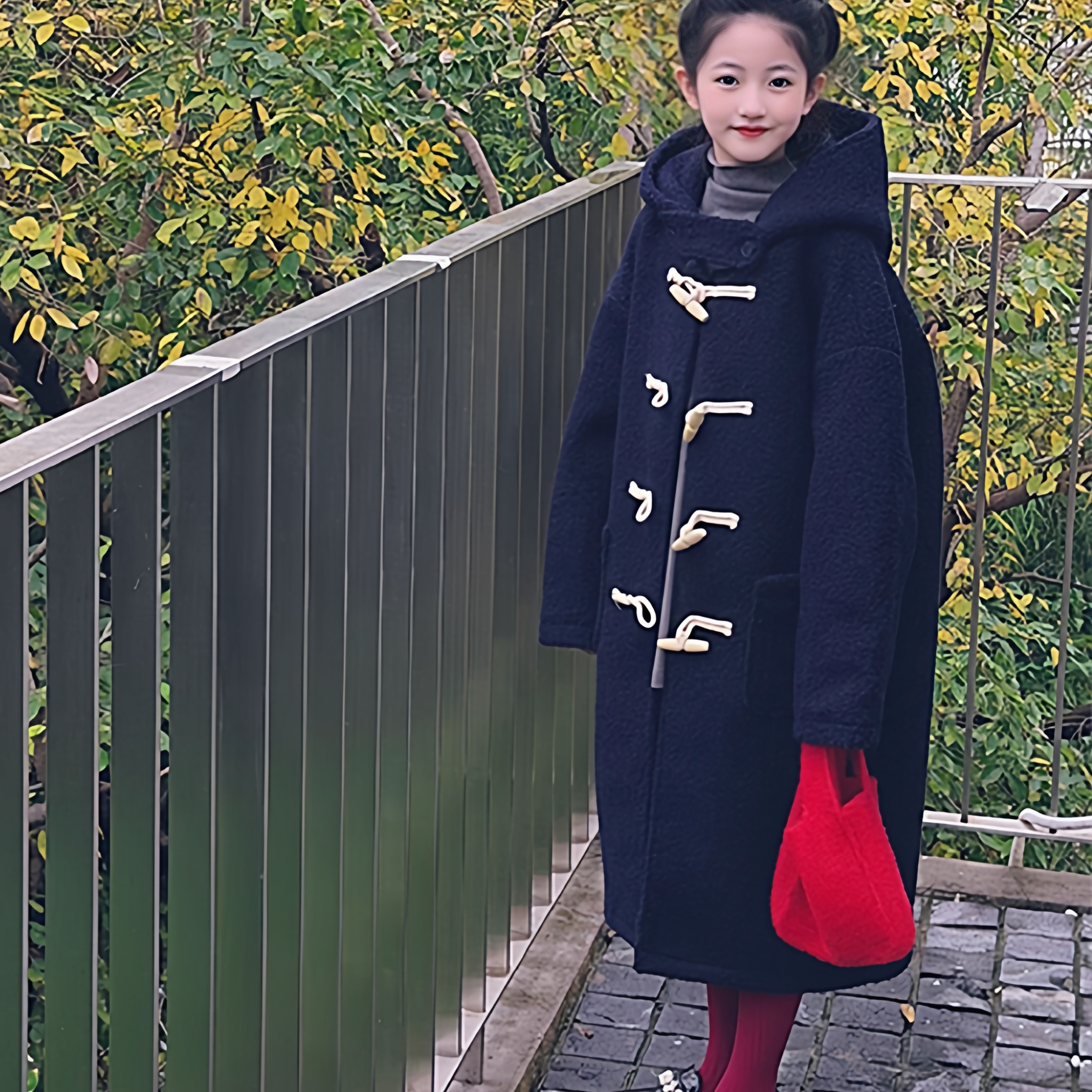 女童毛呢外套2025新款秋冬装洋气女孩牛角扣连帽大衣儿童保暖风衣,淘宝优惠券,粉丝福利购,淘宝优惠卷