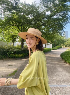 草帽度假法式女春夏平檐系绳