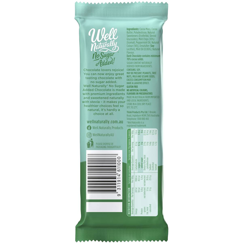 Well Naturally Bars Mint Chocolate Sugar Free 90g无糖薄荷巧 - 图0