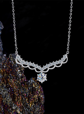 跨境银 波浪羽翼项链女s925纯银吊坠莫桑石项链1克拉莫桑石锁骨链