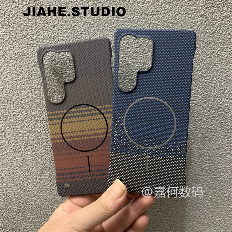 无边框日落月升适用三星s24Ultra手机壳磁吸s23Ultra仿碳纤维纹凯夫拉问s25Ultra硬壳半包保护壳轻奢商务轻薄 - 图0