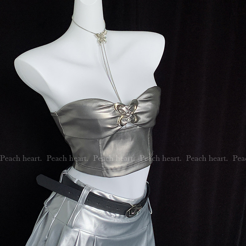 【Peach heart】Y2K爱心抹胸上衣银色辣妹纯欲修身裹胸露背背心,淘宝优惠券,粉丝福利购,淘宝优惠卷