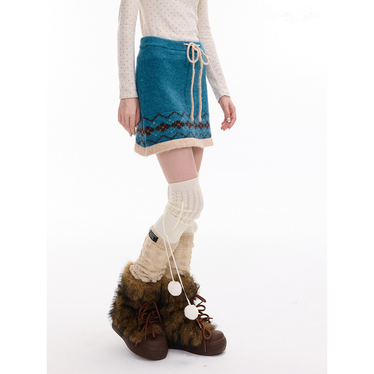 ziziFei秋冬季复古设计感费尔岛高腰显瘦a字蓝绿色针织半身短裙女,淘宝优惠券,粉丝福利购,淘宝优惠卷