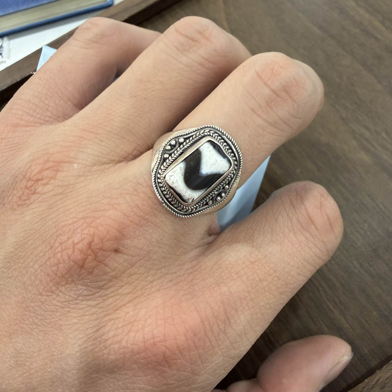 Nepalese handmade sterling silver dzi beads ring for men and women retro