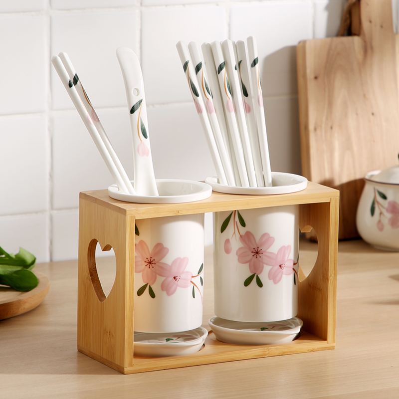 日式家用厨房陶瓷沥水筷子筒樱花筷筒餐具收纳筒筷桶台面筷子笼