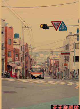 韩式复古街景牛皮纸餐厅装饰画