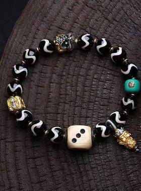 天然玛瑙水纹天珠手串单圈黑曜石貔貅南红莲花阿呆料器配饰佛珠