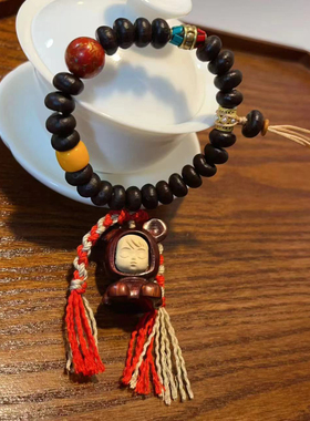 原创紫钵盂单圈趣味手链搭配螺钿大漆珠紫檀娃娃佛珠手串礼物