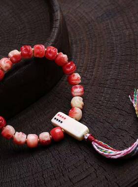 天然半血骆驼骨雕刻阿呆桶珠手串单圈骰子三通松石配饰文玩手链