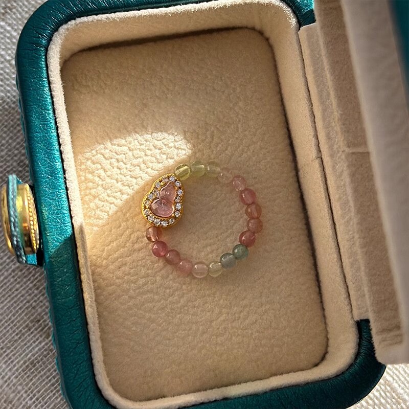 Natural colored tourmaline gourd ring for women, niche design, non-fading crystal ring, light luxury, high-end feel jewelry