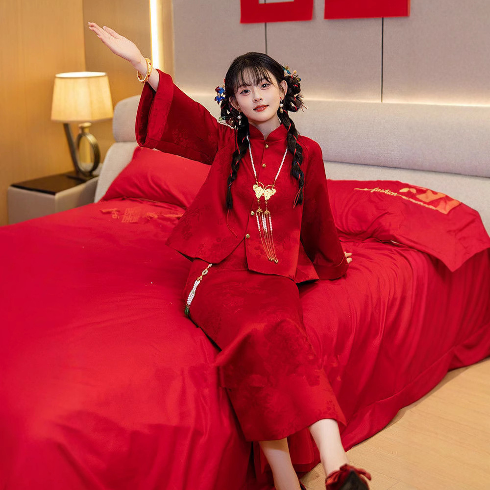2025年秋冬季新娘敬酒服新中式旗袍晨袍红色订婚礼服裙两件套回门 - 图0