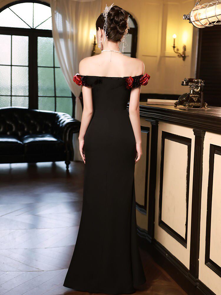 黑色年会晚礼服2024新款一字肩高端气质名媛主持人鱼尾裙高级感女