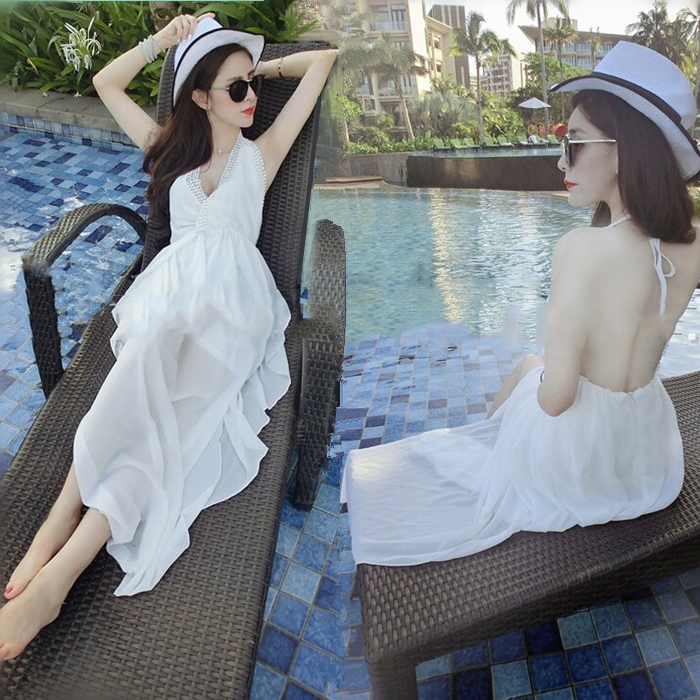 巴厘岛沙滩裙女2024年新款显瘦海边度假礼服长裙吊带露背连衣裙仙-图0