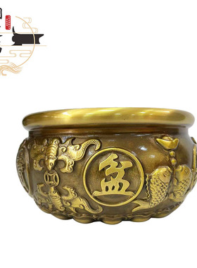 黄铜聚宝盆工艺品铜摆件中式双鱼八福家居摆件开业礼品办公室铜制