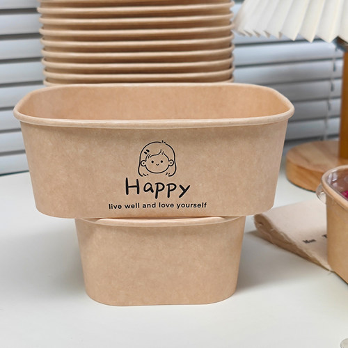 一次性牛皮纸餐盒750ml长方形外卖野餐露营水果沙拉盒纸碗打包盒 - 图1