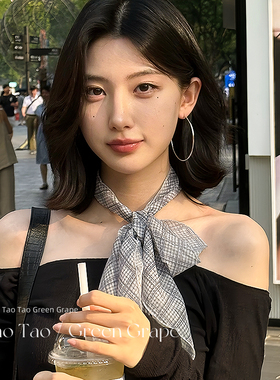韩系高级感灰色格子丝巾系脖女夏季薄款长条围巾丝带飘带护颈围脖