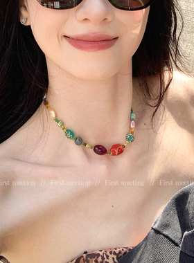 彩色民族风多巴胺琉璃串珠星星项链女新中式复古小众设计锁骨颈链