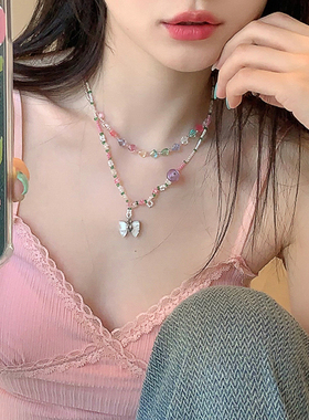 彩色串珠蝴蝶结项链钛钢芭蕾风