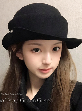留洋千金法式赫本风黑色羊毛圆顶礼帽女秋冬显脸小渔夫帽卷边帽子