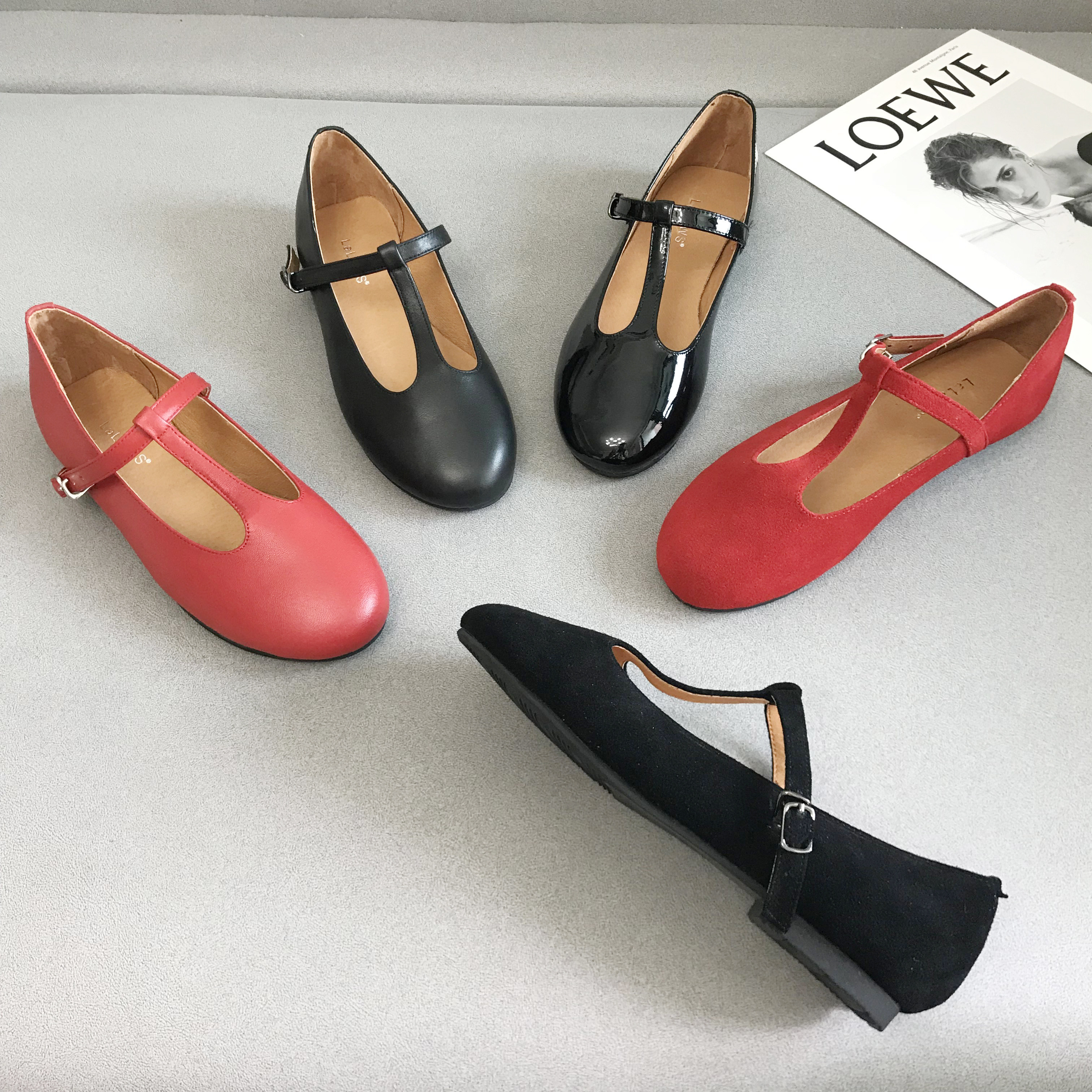 新款真皮T型丁字扣带圆头浅口平底芭蕾单鞋法式复古玛丽珍奶奶鞋,淘宝优惠券,粉丝福利购,淘宝优惠卷