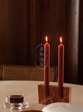 侘寂风黄洞石烛台摆件极简大理石蜡烛样板间浪漫氛围装饰品摆设