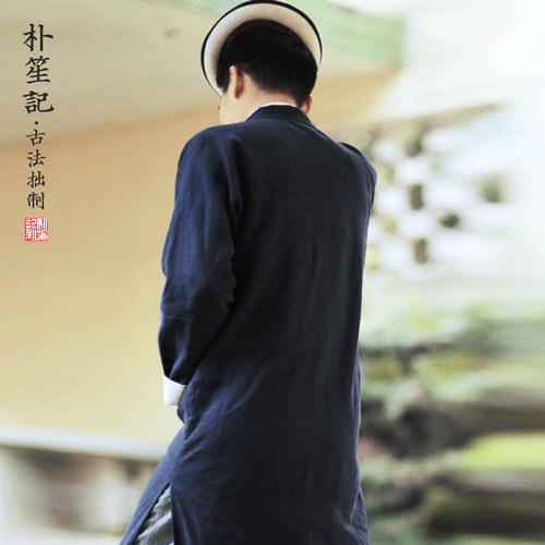 原创亚麻长衫男士民国长袍马褂国风春秋唐装斜襟汉服中式复古大褂 - 图0