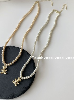 韩国复古金色珍珠项链官网同款